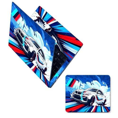 Full Body Laptop Skin Upto 15.6 inch Sticker Compatible for Dell/HP/Lenovo/Acer/Asus All Laptop Size Upto 14 to 15.6 Inch with car Water Splash Mouse pad - BMW M Sport White Splash