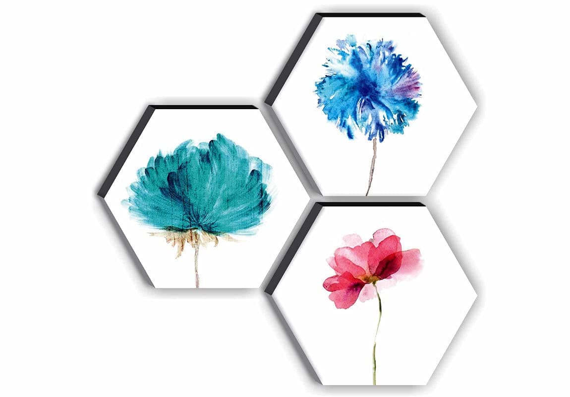 SAF paintings Set of 3 Hexagon Preety Flower in White Background UV Textured MDF Home Decorative Gift Item Painting 17 Inch X 17 Inch SANFHX21SMALL