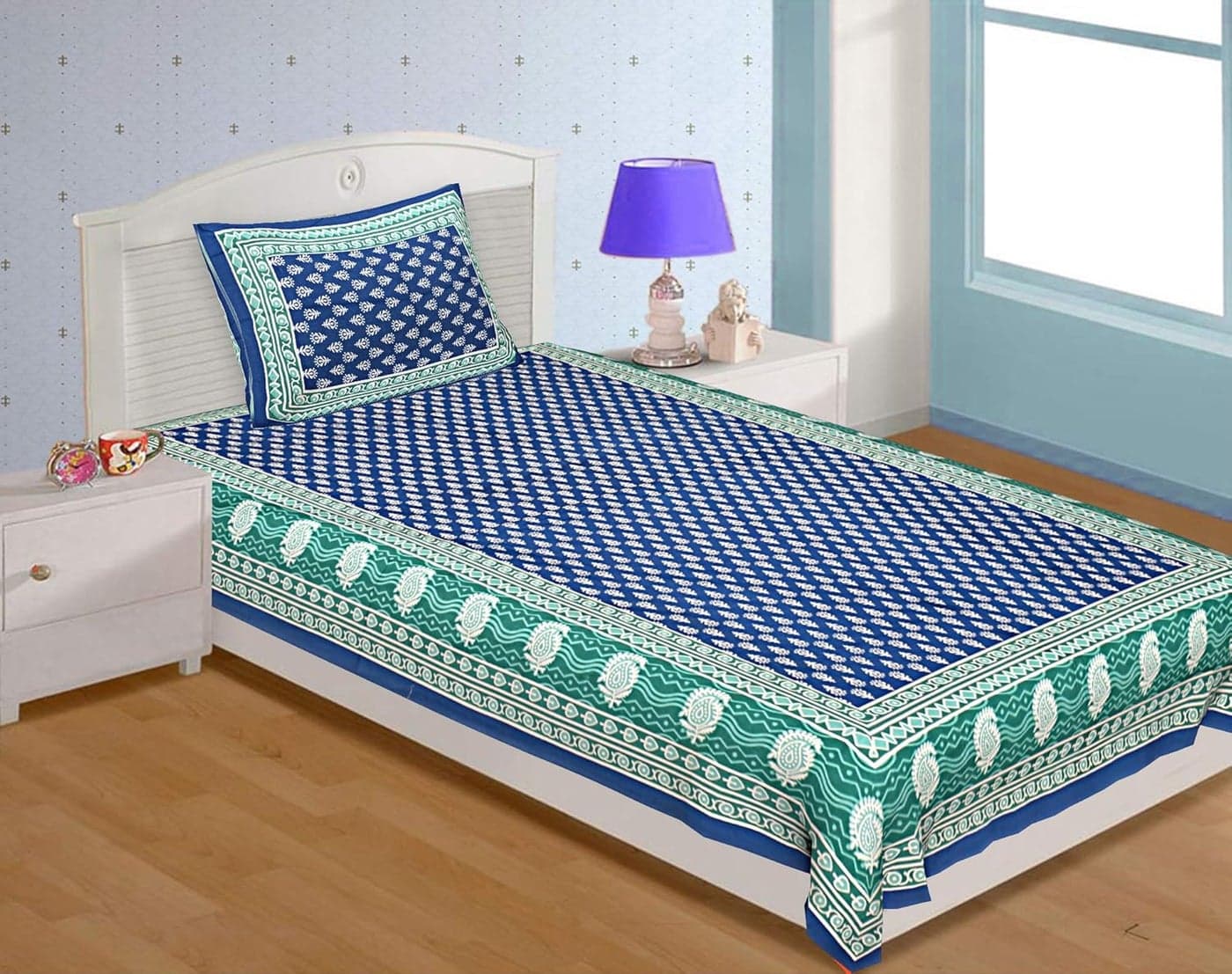 EarlyMart Comfort Rajasthani Jaipuri Traditional Sanganeri Printed 140 TC Cotton Single Size Bed Bedsheet with 1 Pillow Cover Blue