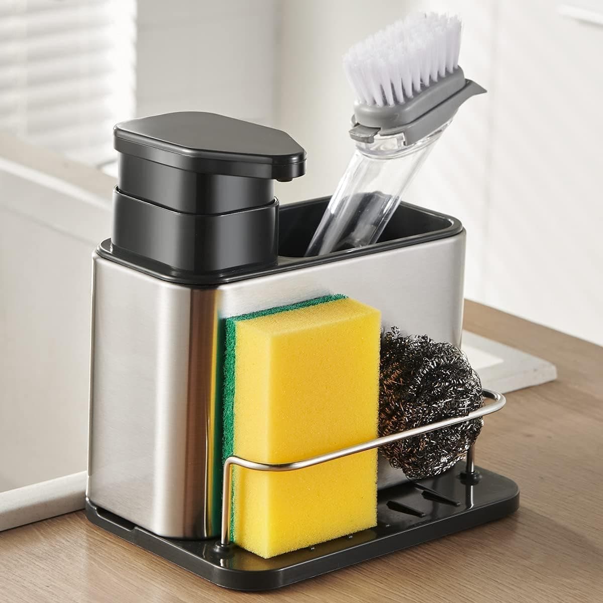 Parssufy Stainless Steel and Plastic 3in1 Sponge Soap Dispenser for Kitchen Sink Caddy Kitchen Sink Organizer Tray Drainer Rack Rustproof Dish Soap Dispenser Brush Holder Countertop
