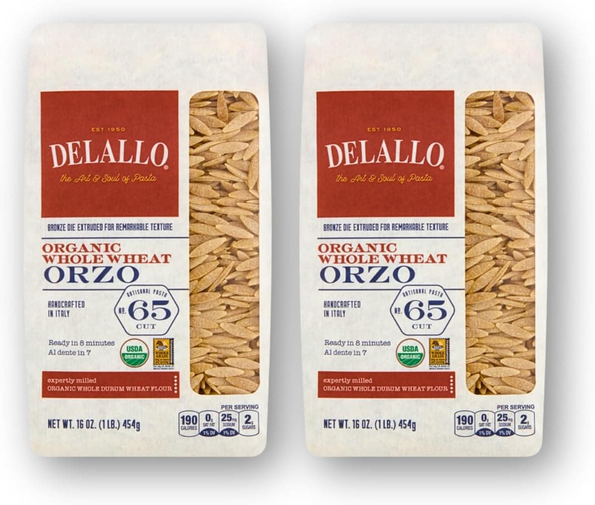 DeLallo Organic Whole Wheat Orzo Pasta - 16 oz (Pack of 2)