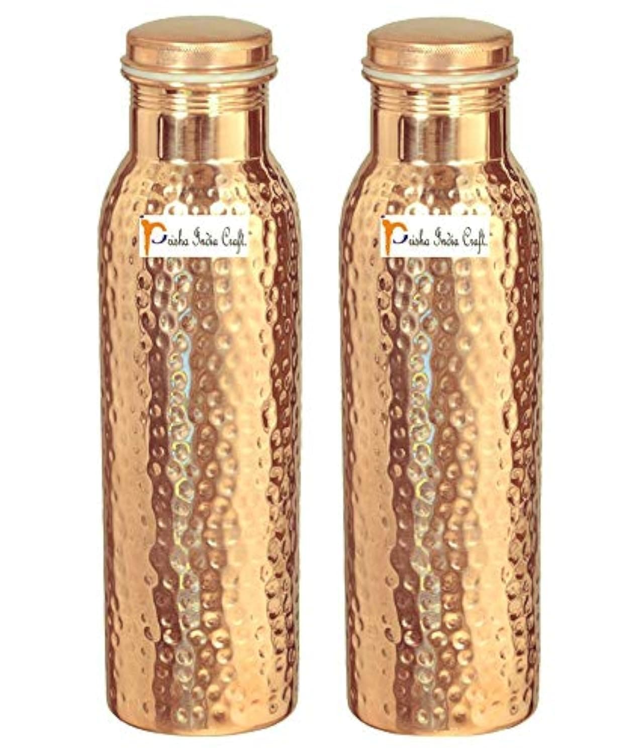 Prisha India Craft Pure Copper Water Bottle, Hammered Design, Capacity 1000 ML, Set of 2