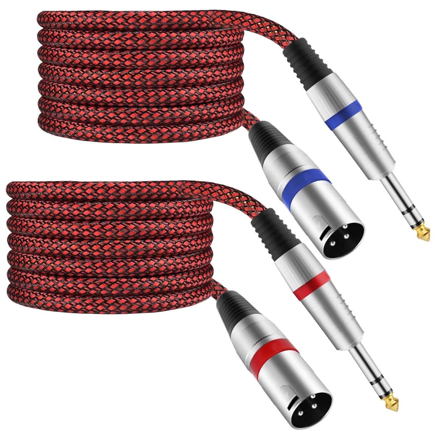 Mugteeve XLR Male to 14 TRS Cable Balanced 15FT Quarter Inch Stereo to XLR Microphone Cord Adapter Nylon Braided OFC Shielded Red Color for Mixer Monitor Speaker Audio Interface 2Pack