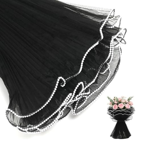 Flower Wrapping Mesh Paper 4.37 Yard Black Pearl Mesh for Bouquets Flower Wrapping Paper Pearl Mesh Pearls Wrapping Paper Pearls Edge Wrinkled Wavy Net Yarn for Valentine Mother's Day Florist Supplies