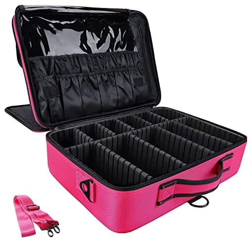 LACOPINE Women Organizer Portable Storage Bag Cosmetic Bag With Shoulder Strap Adjustable Dividers For Makeup Brushes Toiletry Travel Accessories (16 Inch),Pink
