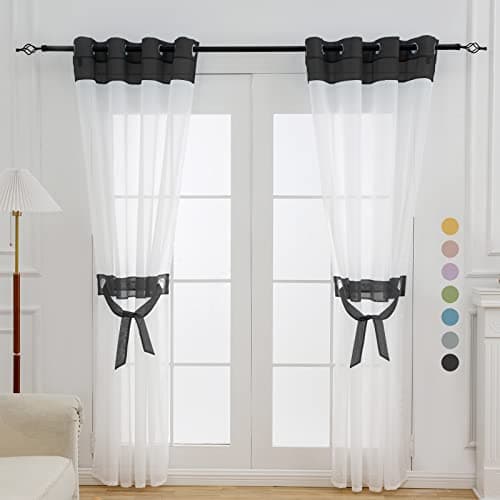 L.Z.E White and Black Sheer Curtains 84 Inches Long 2 Panels Set,Transparent Elegant Window Curtains for Living Room Bedroom Office Nursery, Grommet Lightweight Decorative Curtain with Design