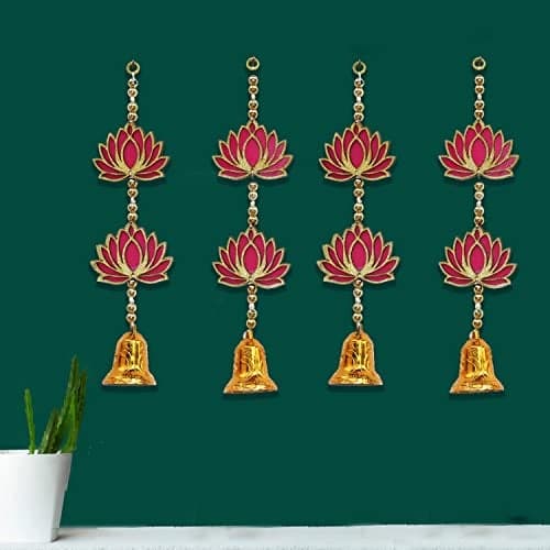 CraftVatika Lotus Floral Decoration with Bell Wall Hanging Strings for Home Decoration, Diwali, Wedding, All Festival Decoration, Decorative Item for Wall/Door/Window Hanging (4 Pc's)