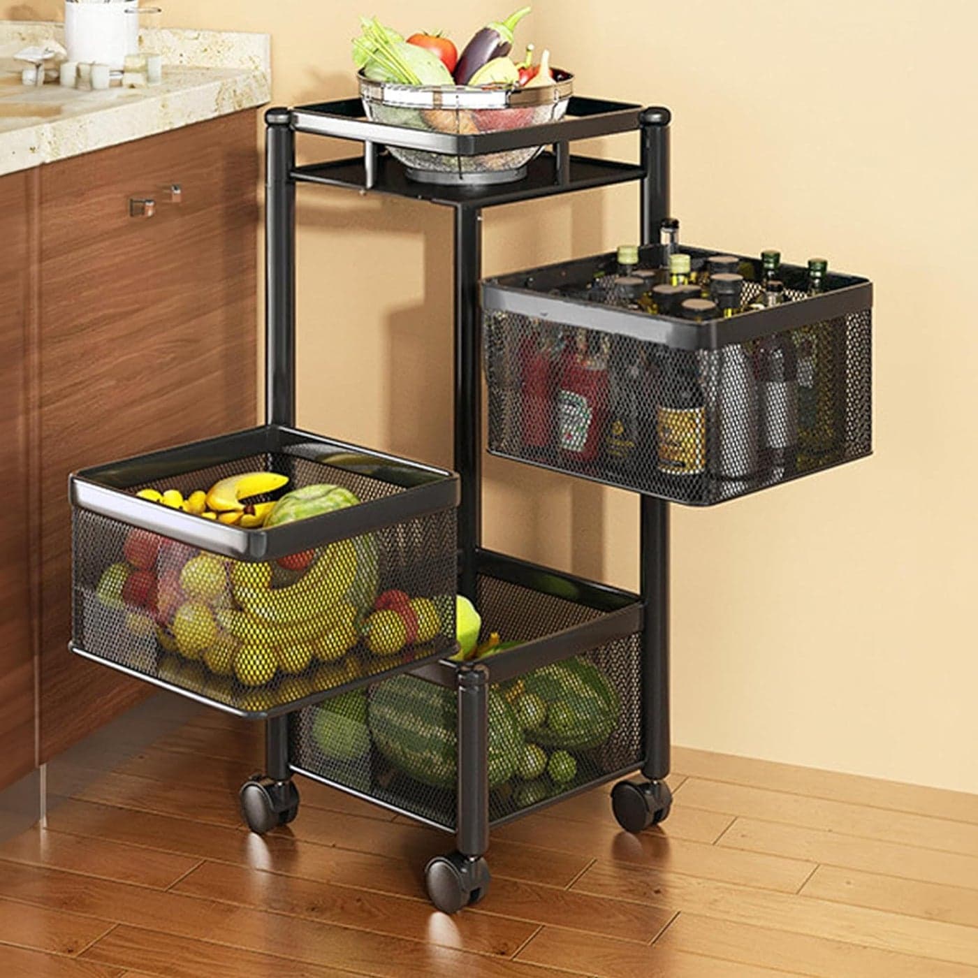 Homeor MultiPurpose Mesh Rotating Trolley Storage Organizer Kitchen Accessories Items for Kitchen Storage Rack Design for Fruits Vegetable 3 Layer Black Square Metal