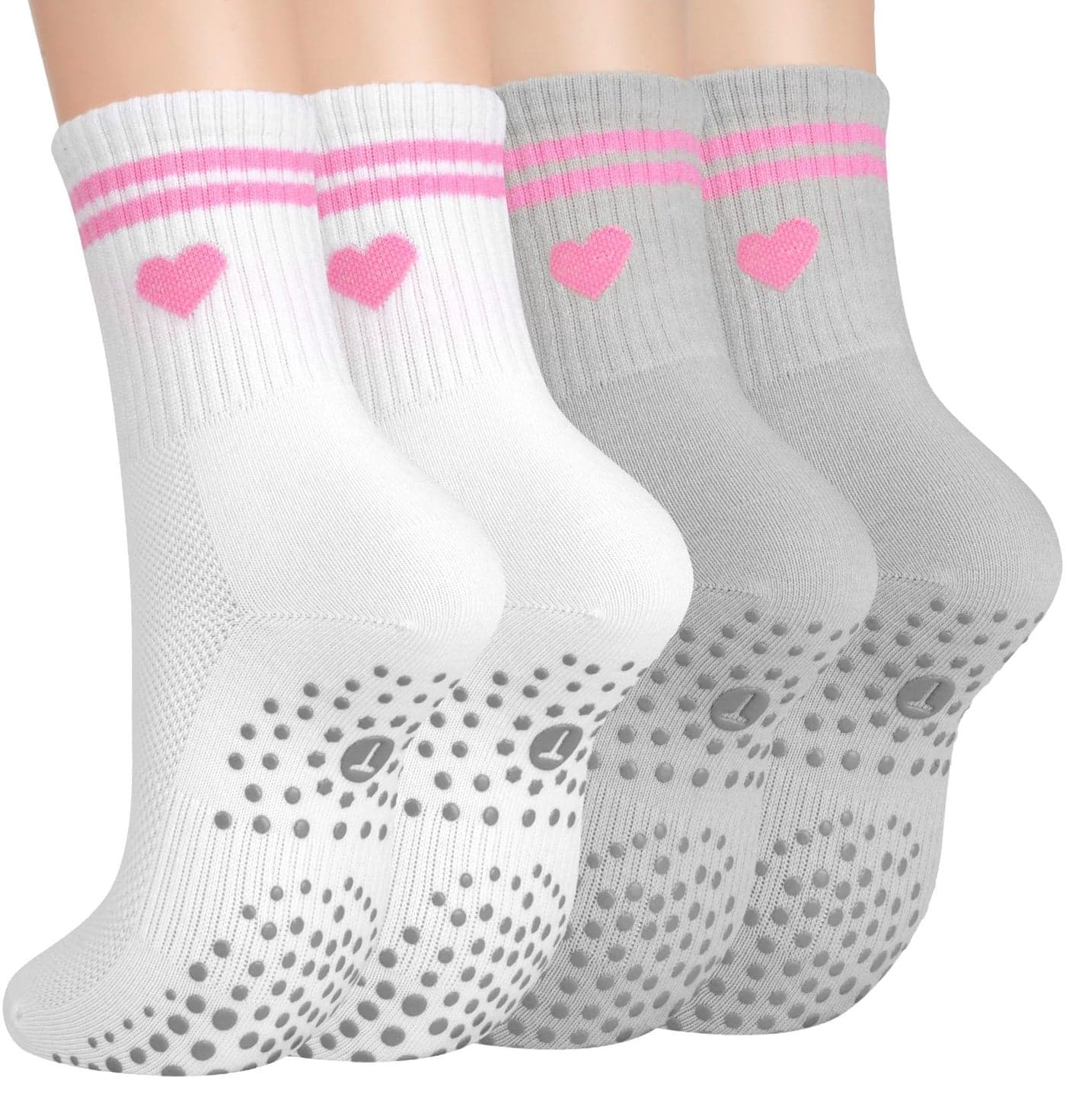 Toes Home Pilates Socks for Women with Non Slip Grippers, Yoga Crew Socks for Barre Hospital Sticky 4 Pairs Pink Heart