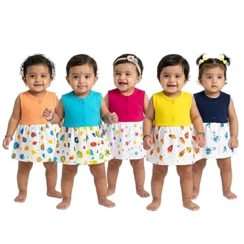 VParents Knee-Length Sleeveless Cotton Frocks for Baby Girls - 6-12 Months (Pack of 5), Round Neck A Line Mini Short Dress for Kids