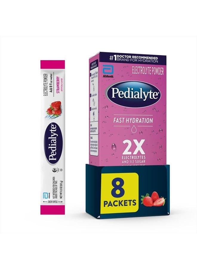 Pedialyte Fast Hydration Electrolyte Powder Packets, Strawberry, Hydration Drink, 8 Single-Serving Powder Packets