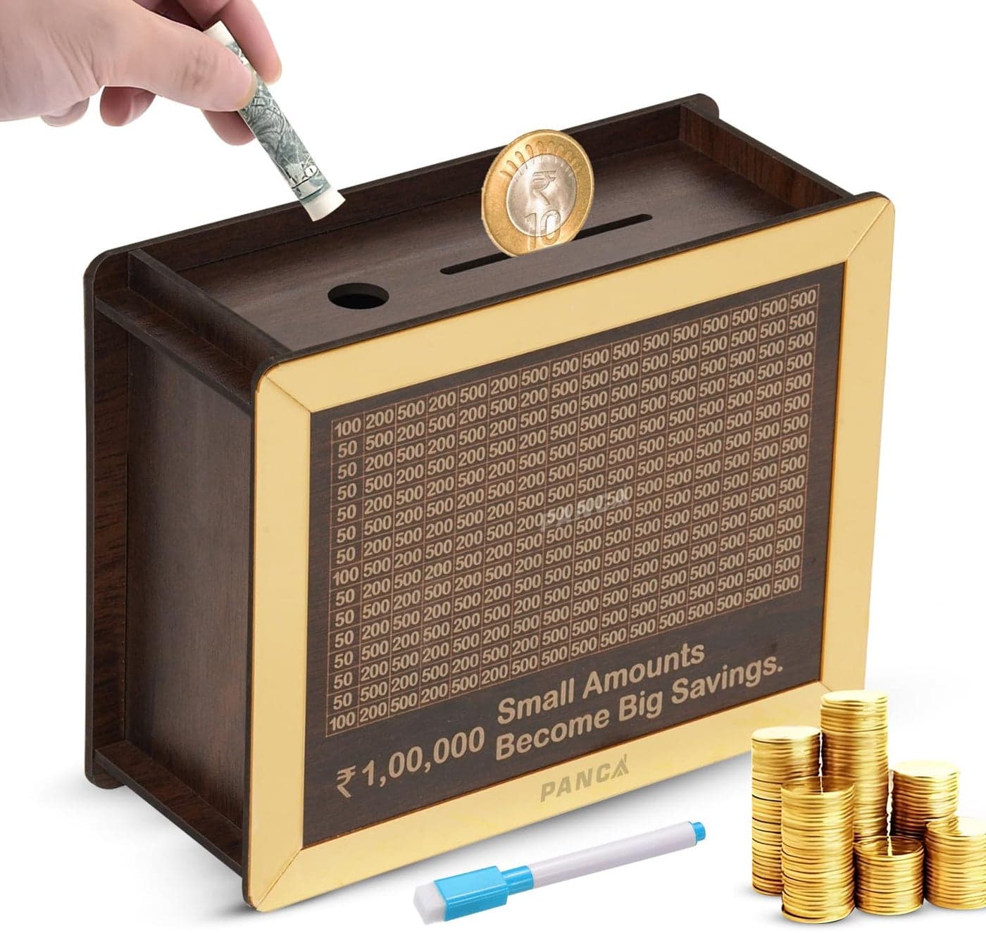 PANCA Money Saving Piggy Box Wooden Coin Box with Pen for Kids & Adults Wooden Coin Box, Piggy Bank Money Saver with Numbers (Set of 1 with Pen, Brown)