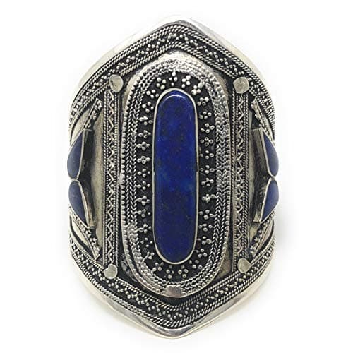 Duel On Jewel Afghan Tribal Women’s Wide Adjustable Handmade Cuff Bracelet with Bold Blue Stone, Intricate Engravings, Oxidized Finish, 0.8 to 3.5-Inch Width, Statement Boho Chic Style - Baloch Blue