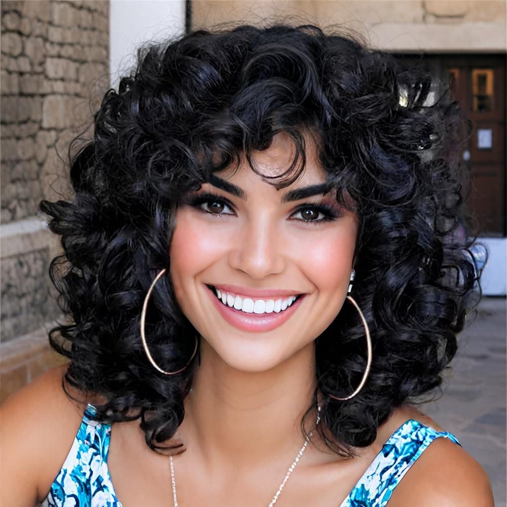 AIDUSA Curly Wigs for Black Women Synthetic Loose Curly Wigs with Bangs 14 Inch Wig Black Natural Bob Wigs for Women 1B Natural Black