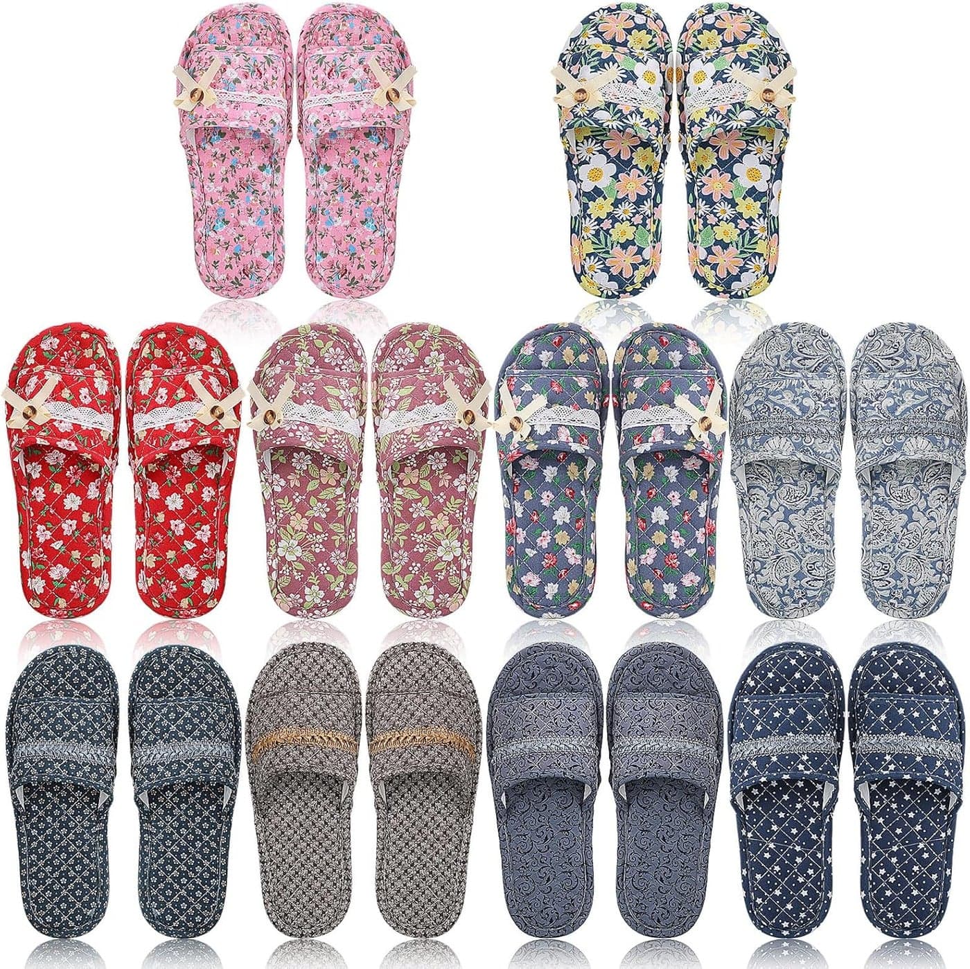 Chuarry 10 Pairs Floral Cotton House Slippers for Guest Women Washable Indoor Cotton Slippers Open Toe for Hotel Travel Airplane Spa 2 Sizes