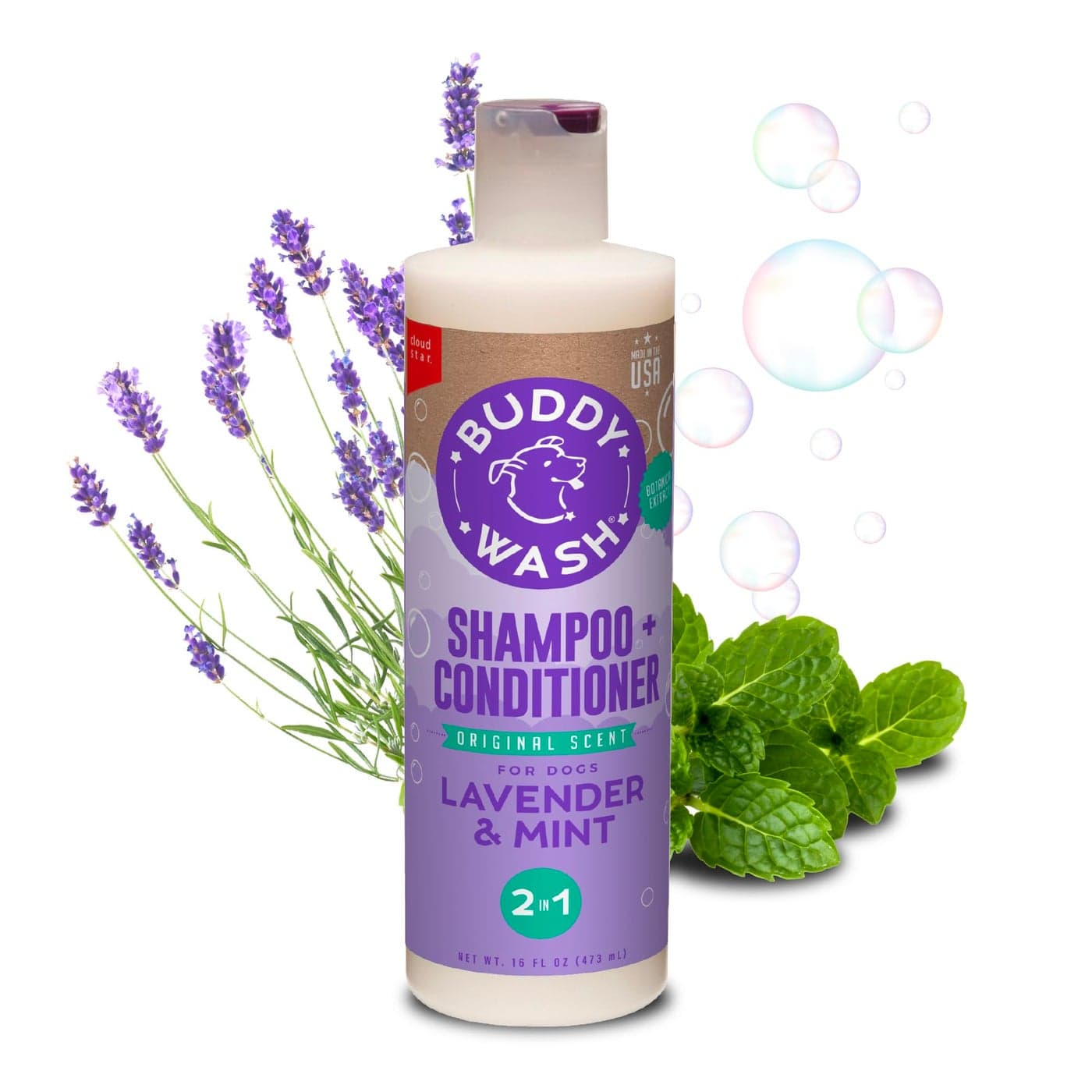 Buddy Grooming Wash 2 in 1 Dog Shampoo Lavender Mint 16 oz Bottle