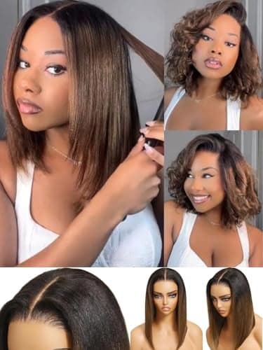 UNICE Bye Bye Knots 7x5 Pre Cut Lace Yaki Straight Bob Wig Chestnut Brown Ombre Human Hair Glueless Wig Pre Plucked Bleached Invisible Knots Natural Hairline 150 Density for Women 12 Inch