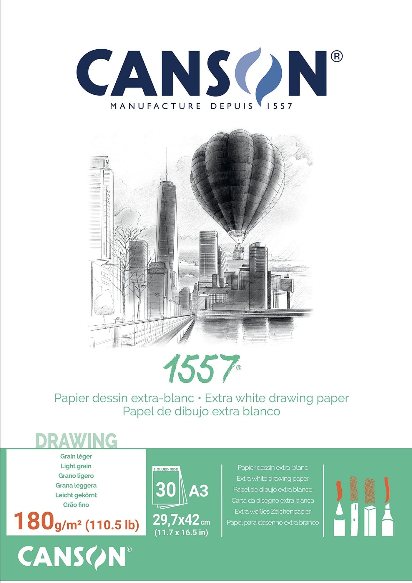 CANSON 1557 Extra White 120gsm A3 Sketch Paper Light Grain 30 Sheets Ideal for Professional Artists Illustrators