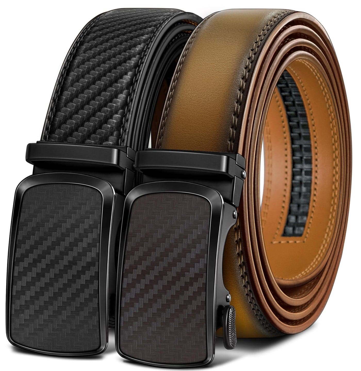 BULLIANT Men's Ratchet Belt 2 Pack-Click Leather Belt Adjustable for Men Gift 1 3/8-Cut for Perfect Fit(Black/Tawny,36"-42" Waist Adjustable)