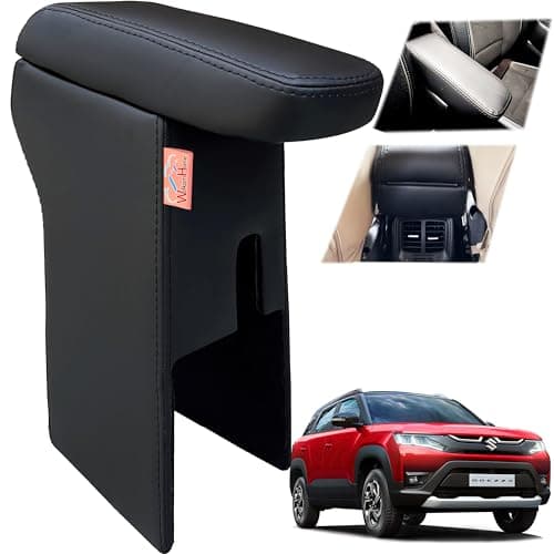 WolkomHome Car Armrest with Storage Box & Soft Cushion Pad Only for Brezza 2022 TO 2024 /Luxury Arm Rest Black Color