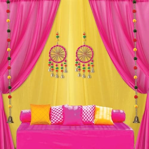 Party Propz Pink and Yellow Backdrop Decorations Cloth with Pom Pom Hanging, Haldi Decoration Items for Home Decor, Haldi Backdrops Decorations, Backdrop Cloth for Decoration Pooja(Satin)(12Pc)