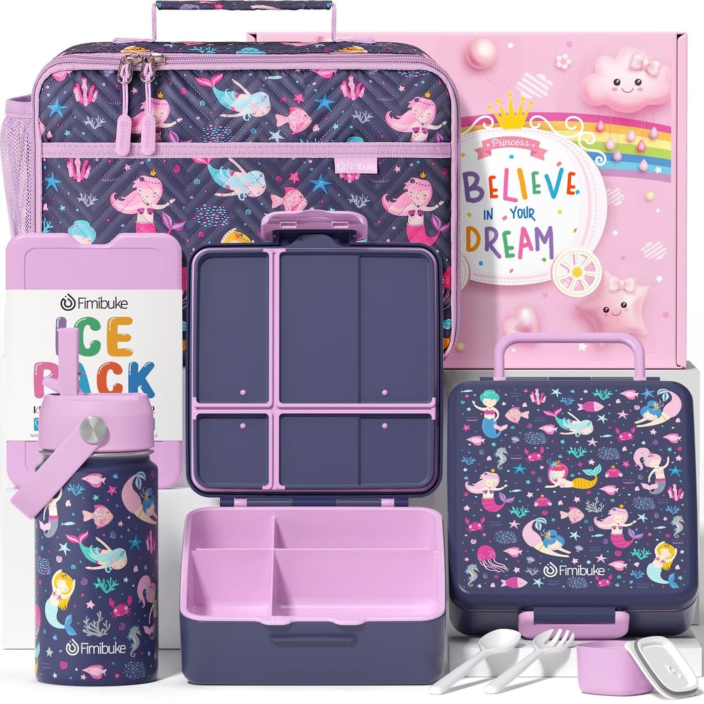 Fimibuke Kids Bento Lunch Box with 4 Compartments Insulated lunch Bag Stainless Steel Insulated Water Bottle Ice Pack Utensils Set Birthday Gifts for Ages 312 Back to School Toddler Girls Boys