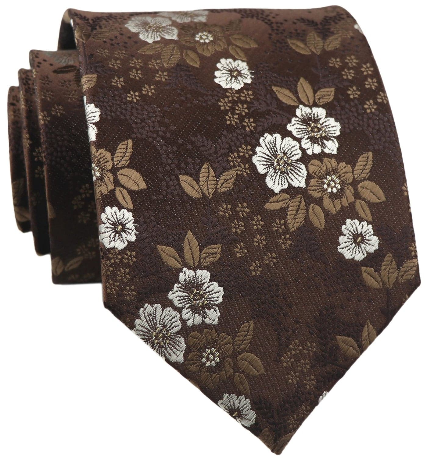 Elfeves Mens Brown with White Floral Cravat Ties Woven Business Formal Necktie Nearwear