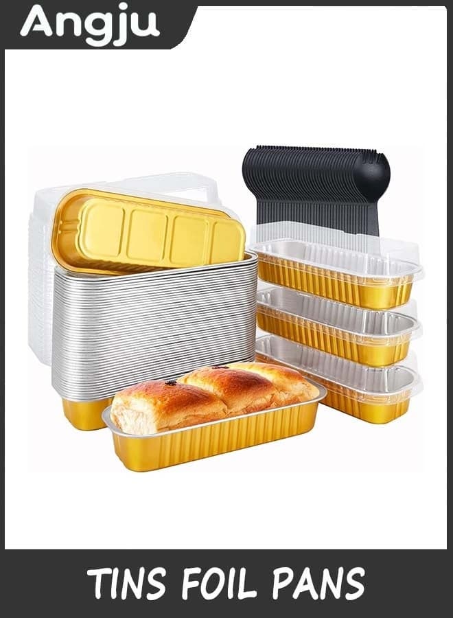 50 Pack Disposable Baking Tins Foil Pans With Lids, 6.8oz 16.5x6.4x3cm Aluminum Baking Pans With Lids And Spoons,Rectangle Muffin Tins Mini Brownie Loaf Baking Pans Containers