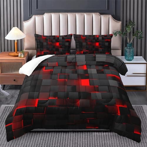 Tuzaovy red and Black Queen Size Comforter Set,red and Black Room Decor for Bedroom for Women,Queen Quilt Bedding Set Geometry