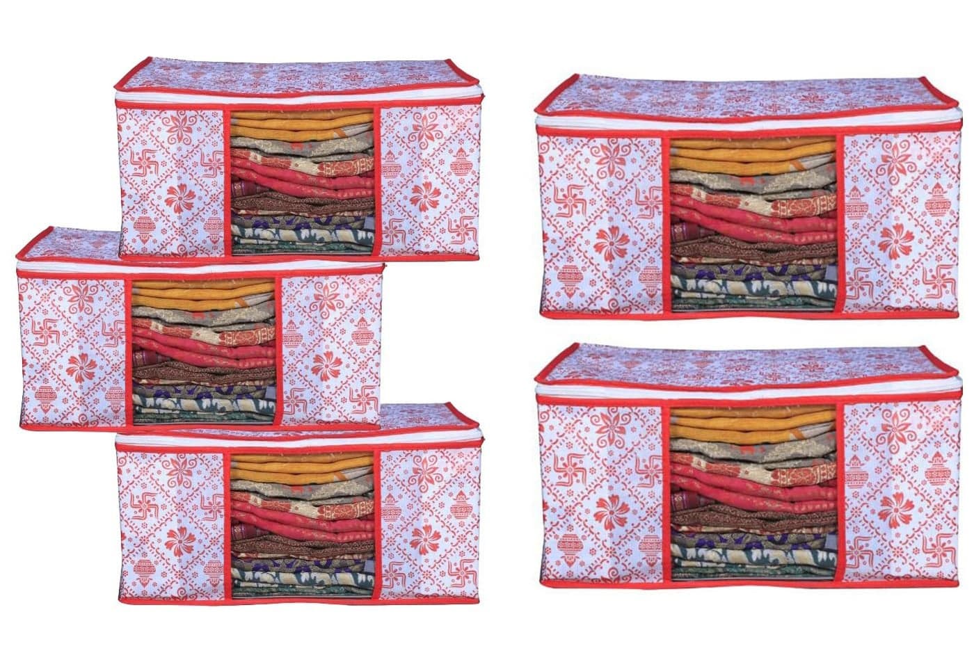 Acnos® Premium Metalic Red Design White Chain 5 Piece Non Woven Large Size Cloth Cover Set Pack Of 5