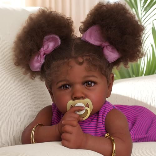ADFO Reborn Black Baby Dolls 22 Inches Soft Body Realistic Baby Dolls Girl Caramel Skin Tone Real Life Baby Doll with Feeding Kit Toy Accessories Gift for Kids Age 3