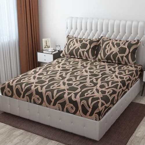 CB HOME Glace Cotton Fitted King Size Bedsheet for Double Bed with 2 Pillow Covers 72x78x8'' All Round Elastic (Print 6, Modern & Geometric King)