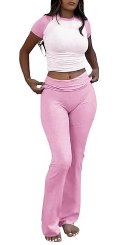 YETOWA Womens 2 Piece Outfits Low Rise Flare Leggings Short Sleeve Top Soft Stretchy Lounge Set Yoga Casual