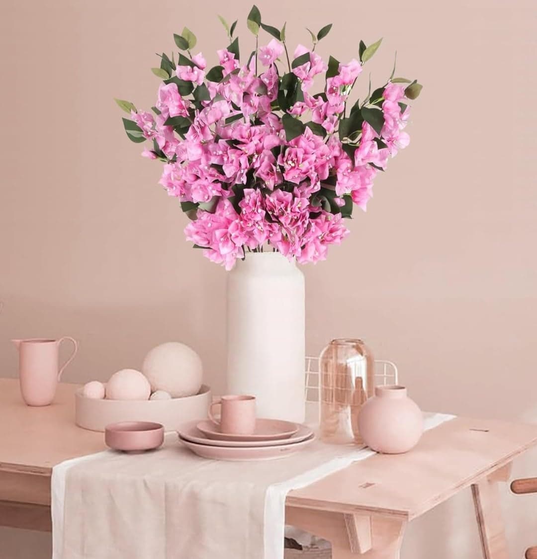 VRB Dec™ (Pack of 3 Artificial Bougainvillea Glabra Fake Plant Flowers for Home, Room,Office | Flowers for Vases | Decoration Items for Living Room (Without Pot) (Light Pink - 3pcs)