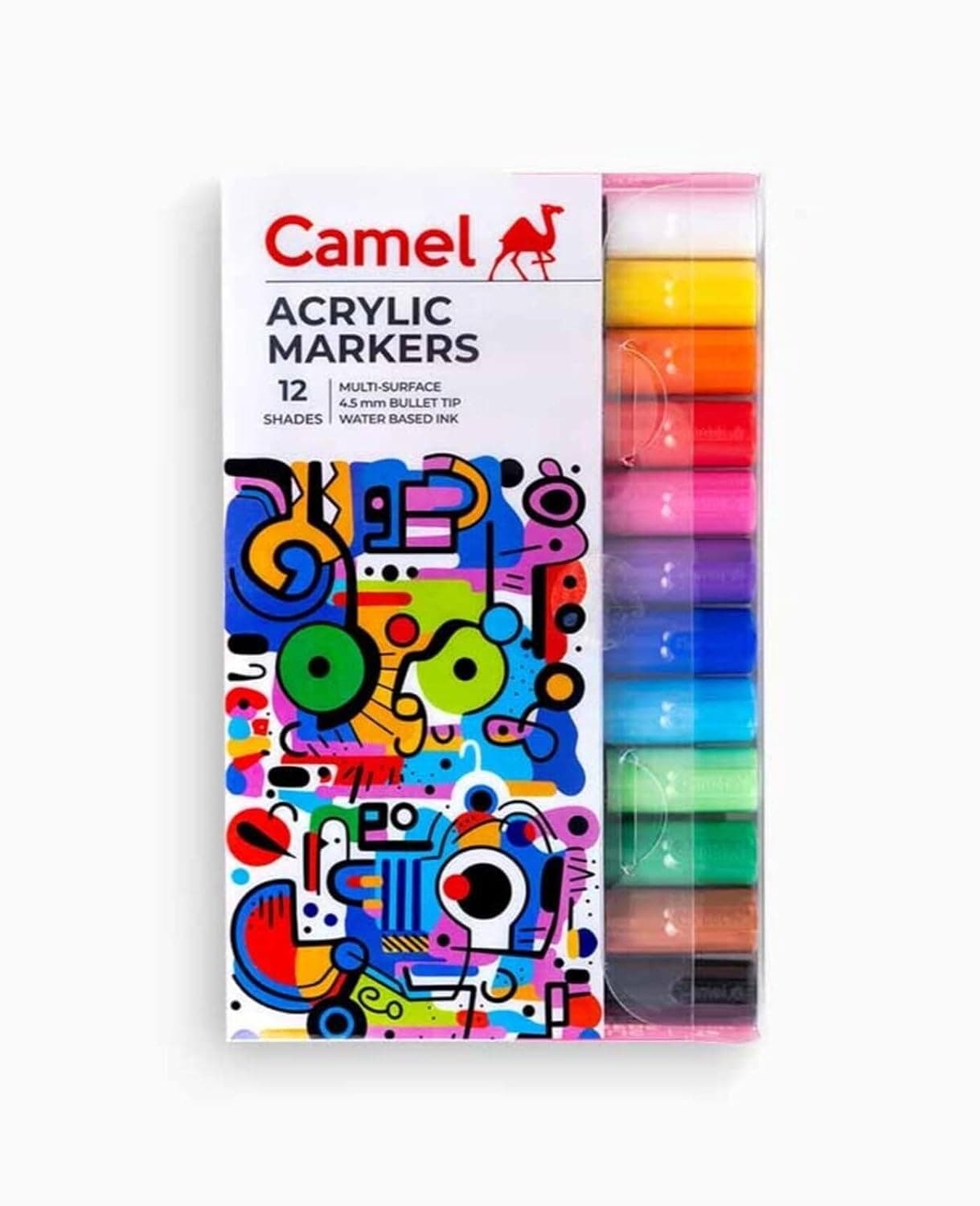Camel Camlin Kokuyo Acrylic Markers, 12 Shades, 4.5 mm Bullet Tip, Sketching, doodling on canvas, wood, ceramic, plastic, Water Based Ink, by Elefant Enterprise