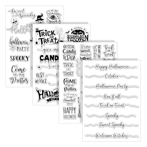 Whaline 4 Sheets Halloween Clear Stamps Greeting Words Pumpkin Bat Silicone Transparent Stamps Happy Halloween Stamp Cards for DIY Crafts Card Making Scrapbooking Embossing Album Decor