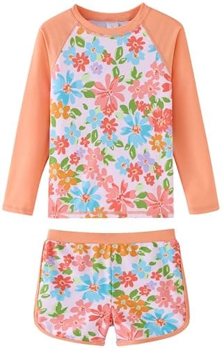 UMELOK Girls Rash Guard Swimsuit 2-Pieces Bathing Suit Long Sleeve UPF 50+ Sun Protection Swimwear Sets Orange Blue Flower,4T