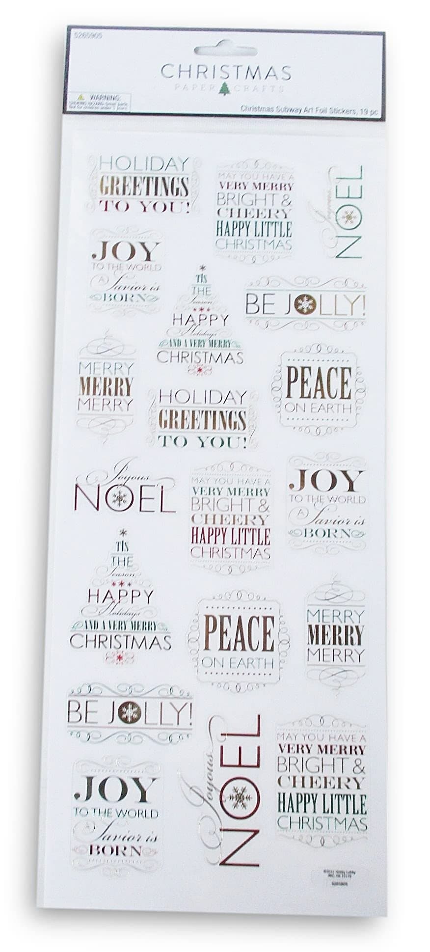 Christmas Phrases Subway Foil Stickers Adhesive Decals for Crafts Scrapbooks Gold Green Red 19 Pieces