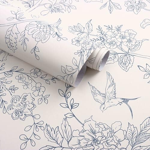 Froluya Cream White and Blue Floral Wallpaper Peel and Stick Wallpaper 17.7"x196.8" Vintage Floral Peel and Stick Wall Paper Removable Boho Self Adhesive Contact Paper for Bedroom Bathroom Vinyl