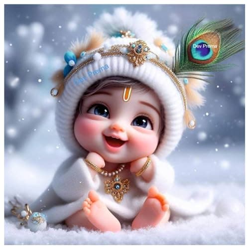Decals Creation Lord Cute Baby Krishna White Feather Wall Poster (K16_Poster-07) For Living Room, Kids Room, Office, Pooja Room (Size - 41CM X 41CM)