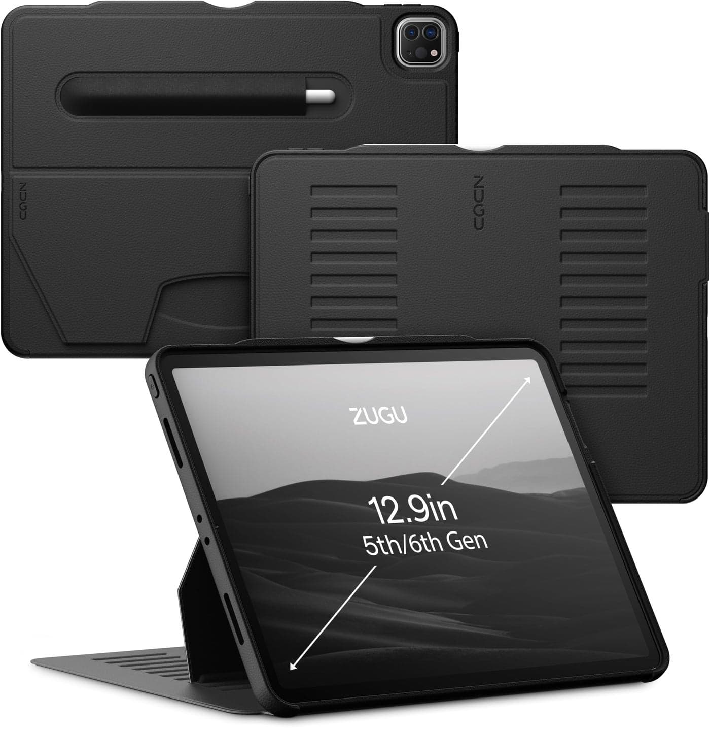 ZUGU Case for iPad Pro 12.9 Case 5th / 6th Generation Stand 2021/2022, Slim Protective Cover with Wireless Apple Pencil Charging, Magnetic Stand & Sleep/Wake Magnetic Cover, Stealth Black