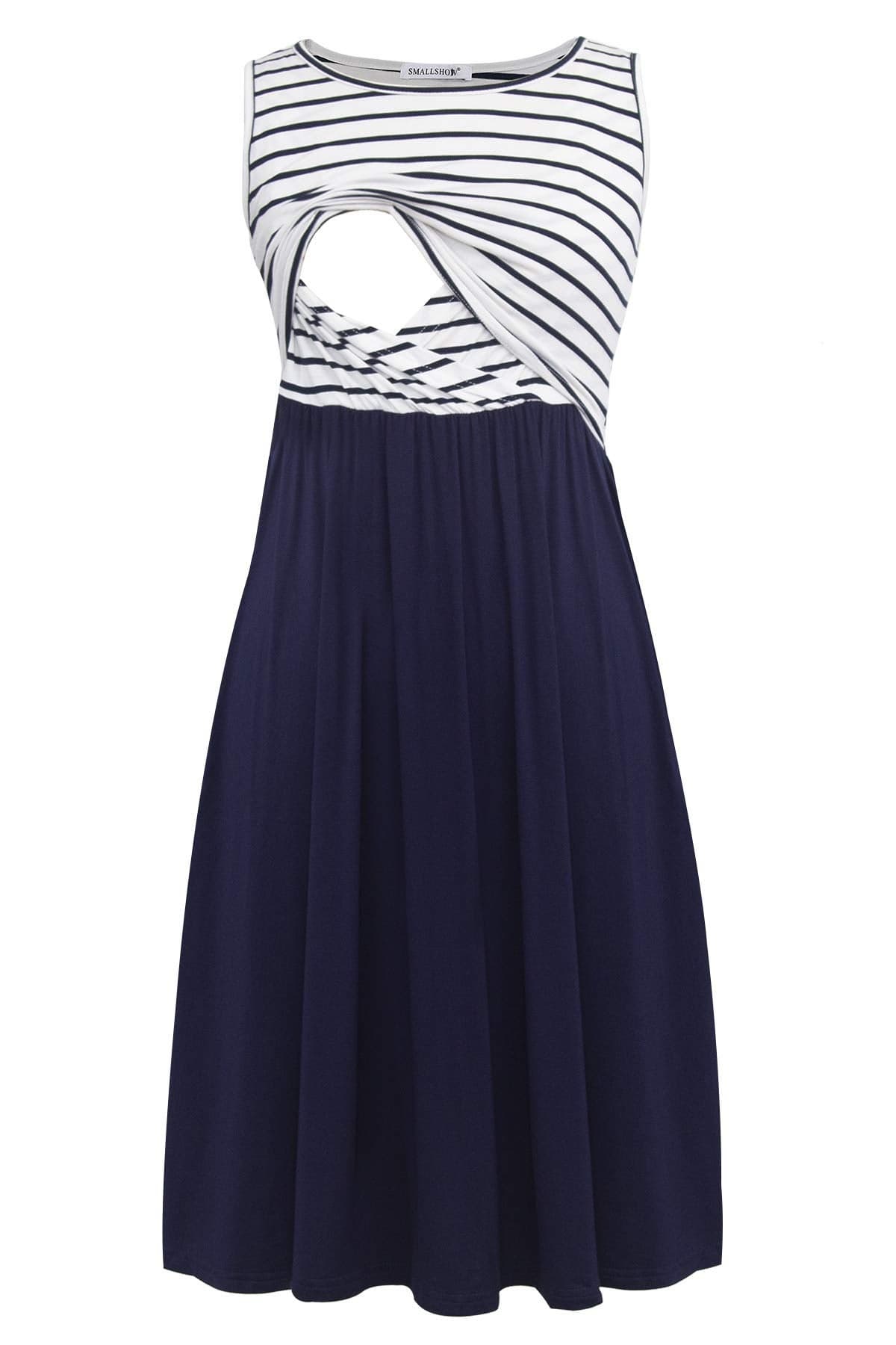 Smallshow Womens Sleeveless Nursing Dresses Patchwork Maternity Breastfeeding Dress Navy StripeNavy XLarge