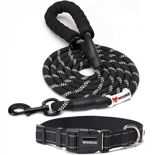 WOOFLIX Reflective Dog Leash And Collar Combo Set|Dog Collar & Anti Slip Padded Handle Leash For Dogs|Highly Reflective|Dog Rope For Medium & Large Dogs|(Leash 6.5 Ft. + Collar Large, Black, 18 Cm)