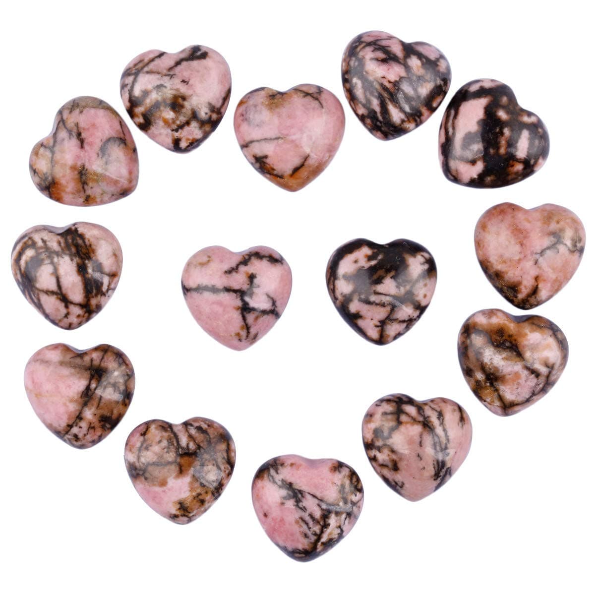 mookaitedecor Rhodonite Crystal Heart Shaped Worry Stone Puffy Crystal Pocket Palm Stones for Chakra Energy Healing Decoration 059 Inch Pack of 12