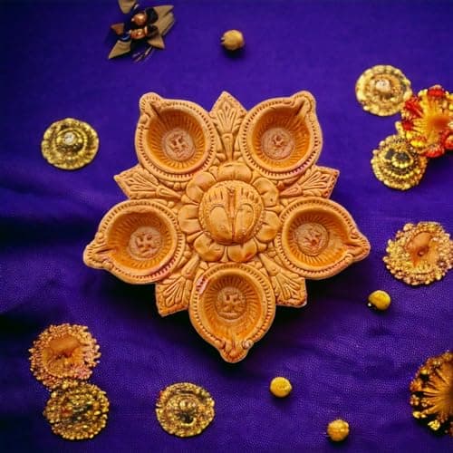 Saudeep India Handpainted Thali with 5 Diyas for Diwali Decoration. | Handmade Clay Mitti Diya | Lanterns for Diwali Decoration | Decoration Mitti Diya | Handmade Colourful Diyas