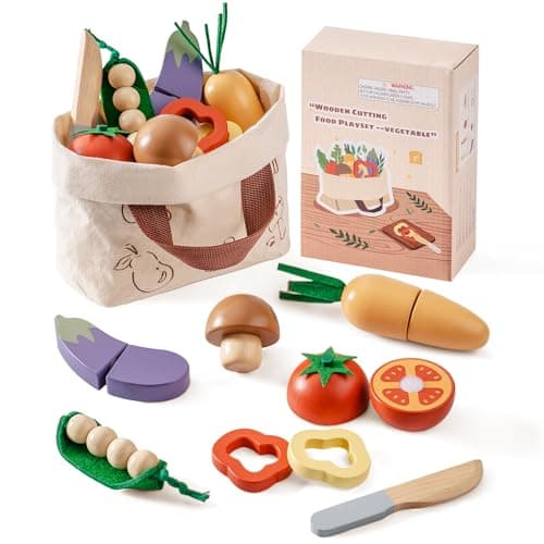 ROBOTIME Wooden Play Food Cutting Vegetable Set Pretend Play Toy Food for Play Kitchen with Shopping Bag Kids Kitchen Accessories Wooden Veggie Toys for Boys Girls