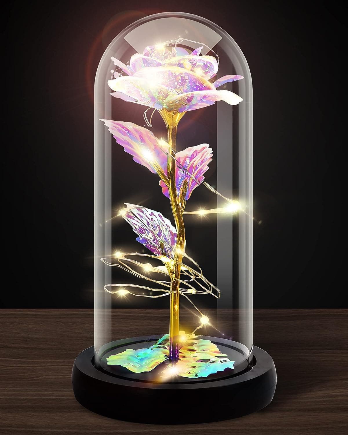 PERPART Rose Flower Gift Rainbow Forever Rose in Glass Dome Rose Light Up Flower Personalized Gifts for Mom Sisters Friend Women Valentines Day Birthday Wedding Anniversary Rainbow Rose