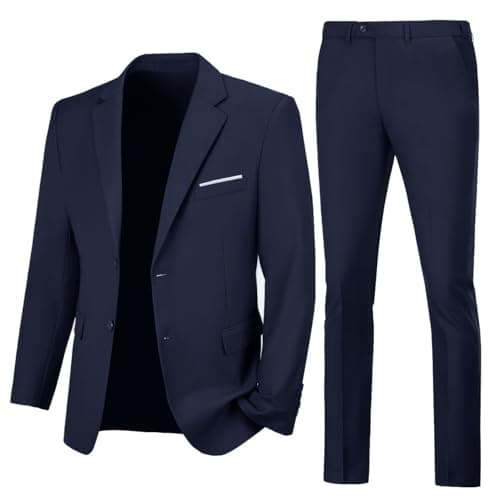 Lynerun Men's 2 Piece Suit Slim Fit Prom Suits for Men Solid Formal Suit for Party Homecoming Wedding Groom Navy Men Tuxedo S