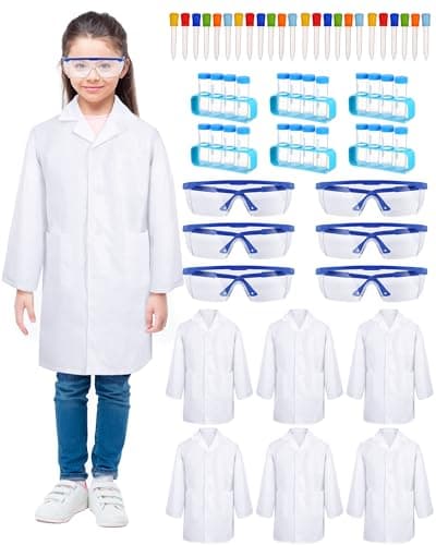 Unittype 6 Set 66 Pcs White Kids Lab Coats Bulk Children Girl Doctor Scientist Costume Lab Coat Goggles Test Tube EyedropperS