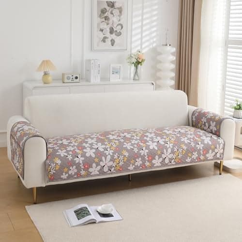 HOKIPO 'HomeHues Series' Printed Quilted Sofa Seat Mat for 2 Seater Sofa with 2 Armrest Covers with Pockets, Pastel Brown Sandwort Flower (IN-807-D1 + IN-814-D1*2)